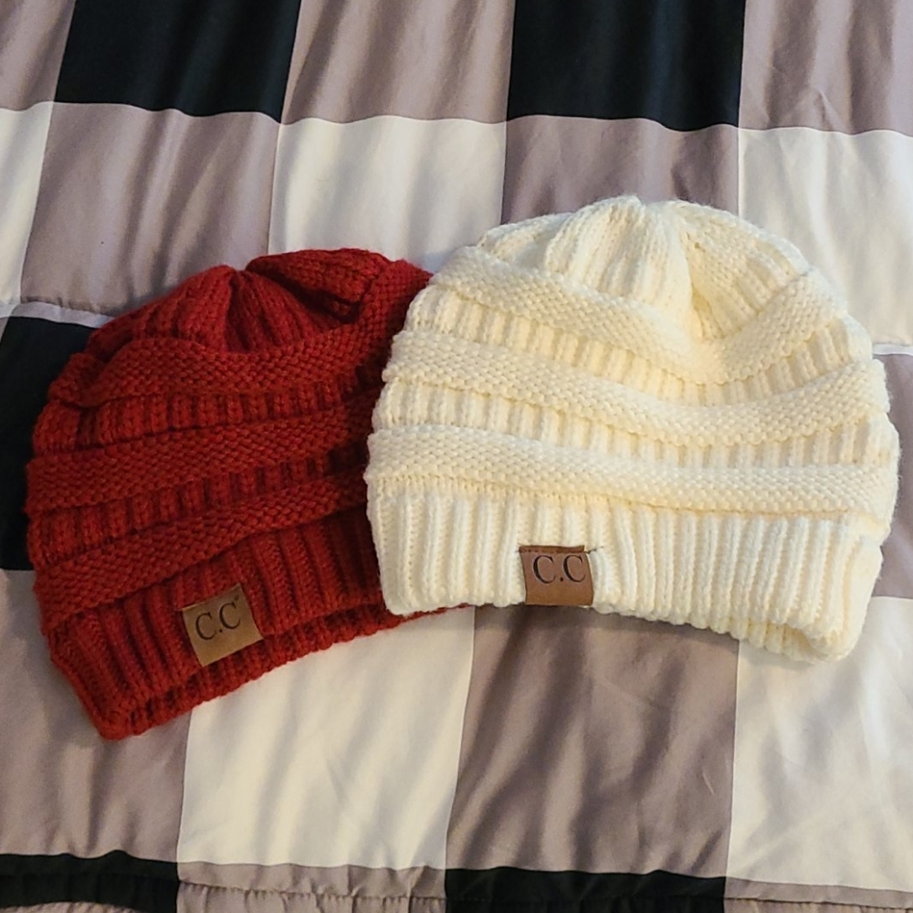 C.C beanies, dark red and cream